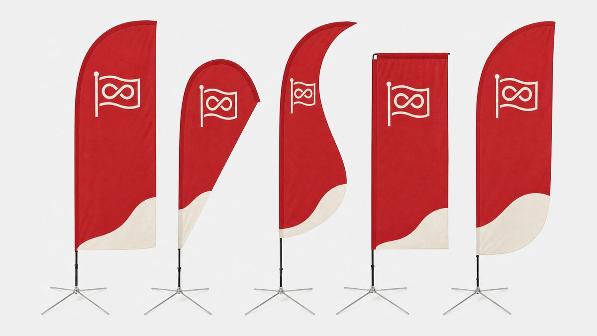 Cinq formes de drapeau côte à côte sur une base en croix : Straight, Drop, Wave, Square et Convex