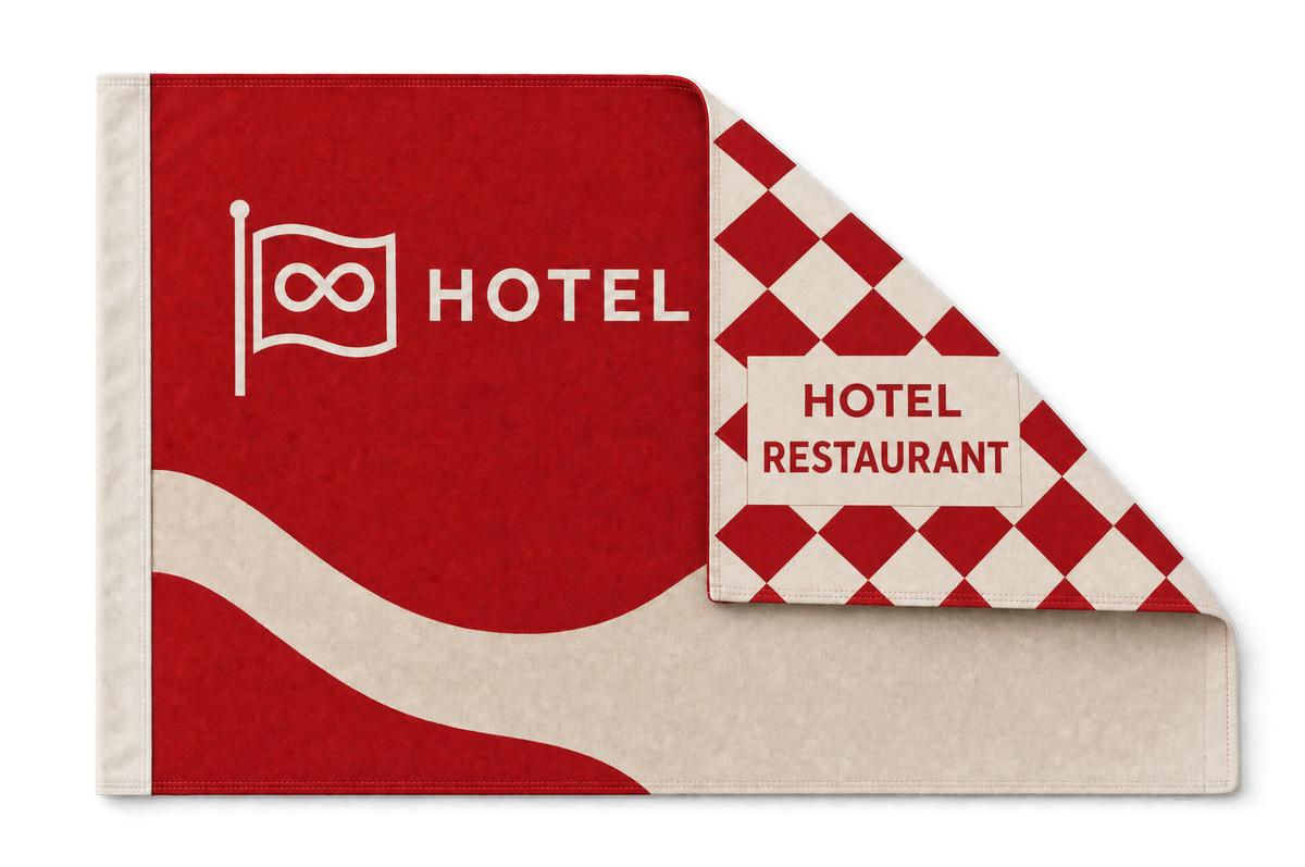 Drapeau recto-verso avec un coin replié : le recto est rouge avec un logo et une vague, et sous le pli apparaît une impression totalement différente — un motif à losanges rouge et crème portant HOTEL RESTAURANT. Chaque face est imprimée séparément et se lit normalement des deux côtés, sans effet miroir
